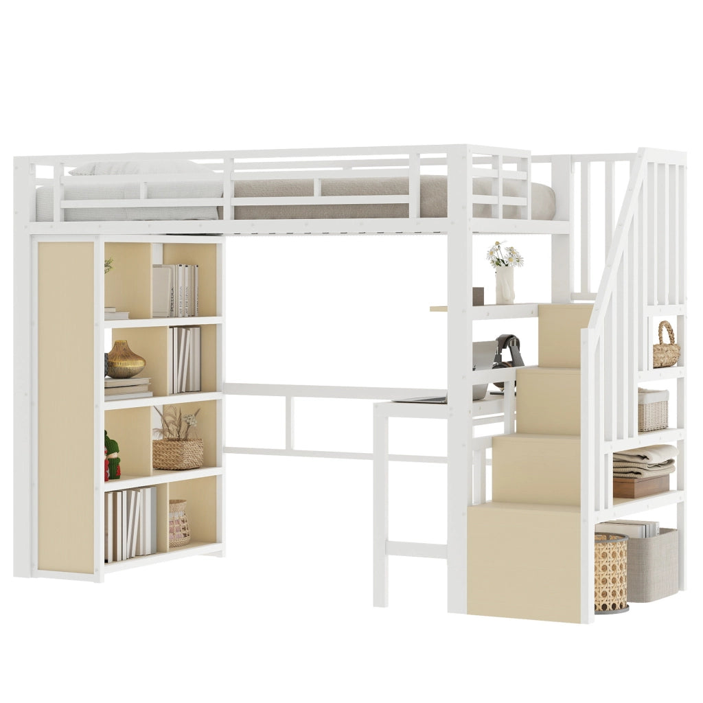 Letto a soppalco 90 × 200 cm 1 posto con scrivania, mensole, scaletta contenitore e LED, senza materasso, bianco