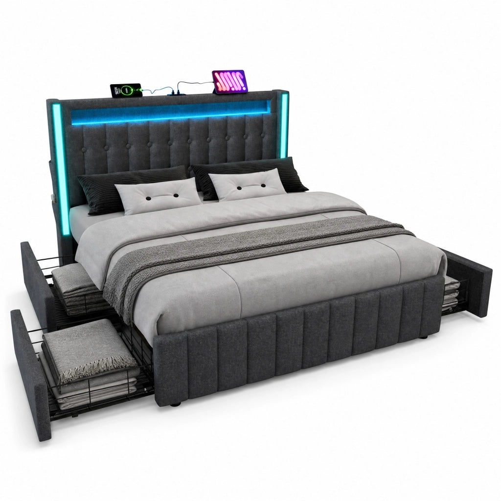 Letto imbottito con ricarica USB, LED e 4 cassetti