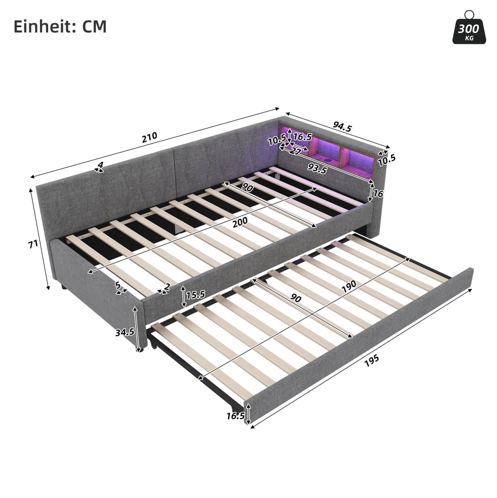 Letto daybed multifunzione 90x200 cm con letto estraibile; USB Type C; LED; grigio