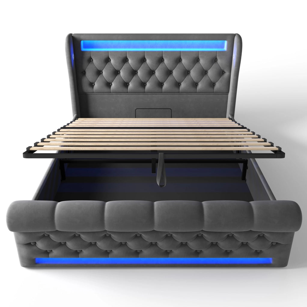 Letto 140x190 cm con contenitore idraulico, LED, USB e USB-C in velluto grigio