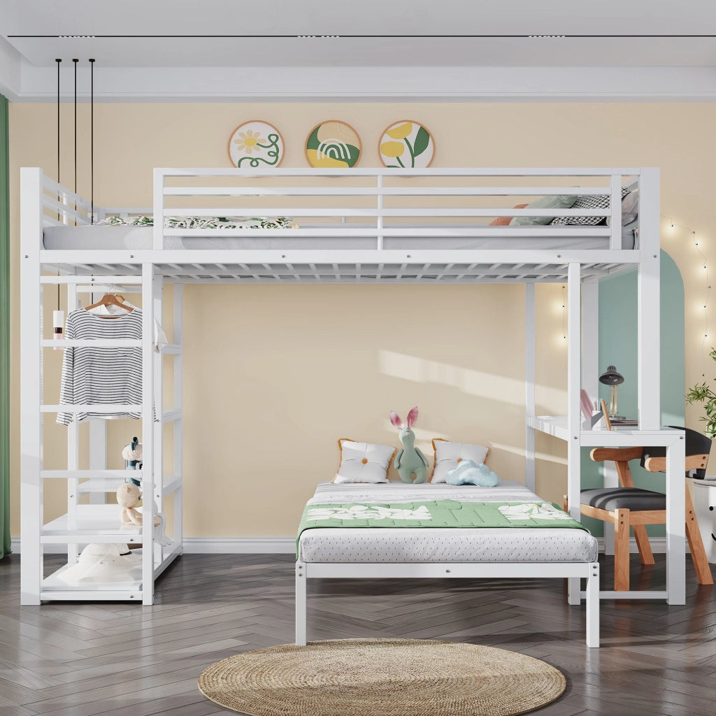 Letto a castello 90 x 200 cm, struttura in metallo, con scrivania, presa di ricarica, 4 ripiani portaoggetti, bianco