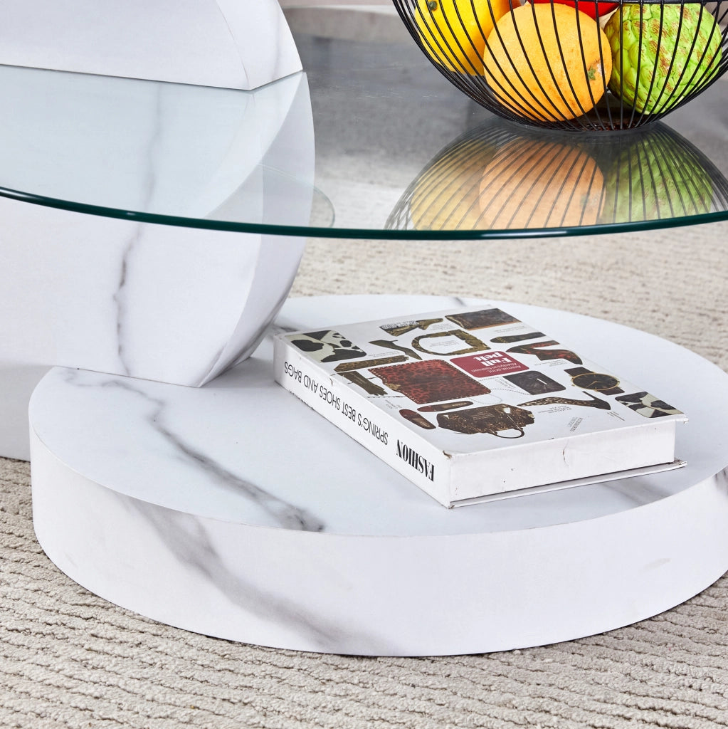 Tavolino da salotto a 2 livelli con vetro temperato e struttura MDF bianco effetto marmo HOMVRA