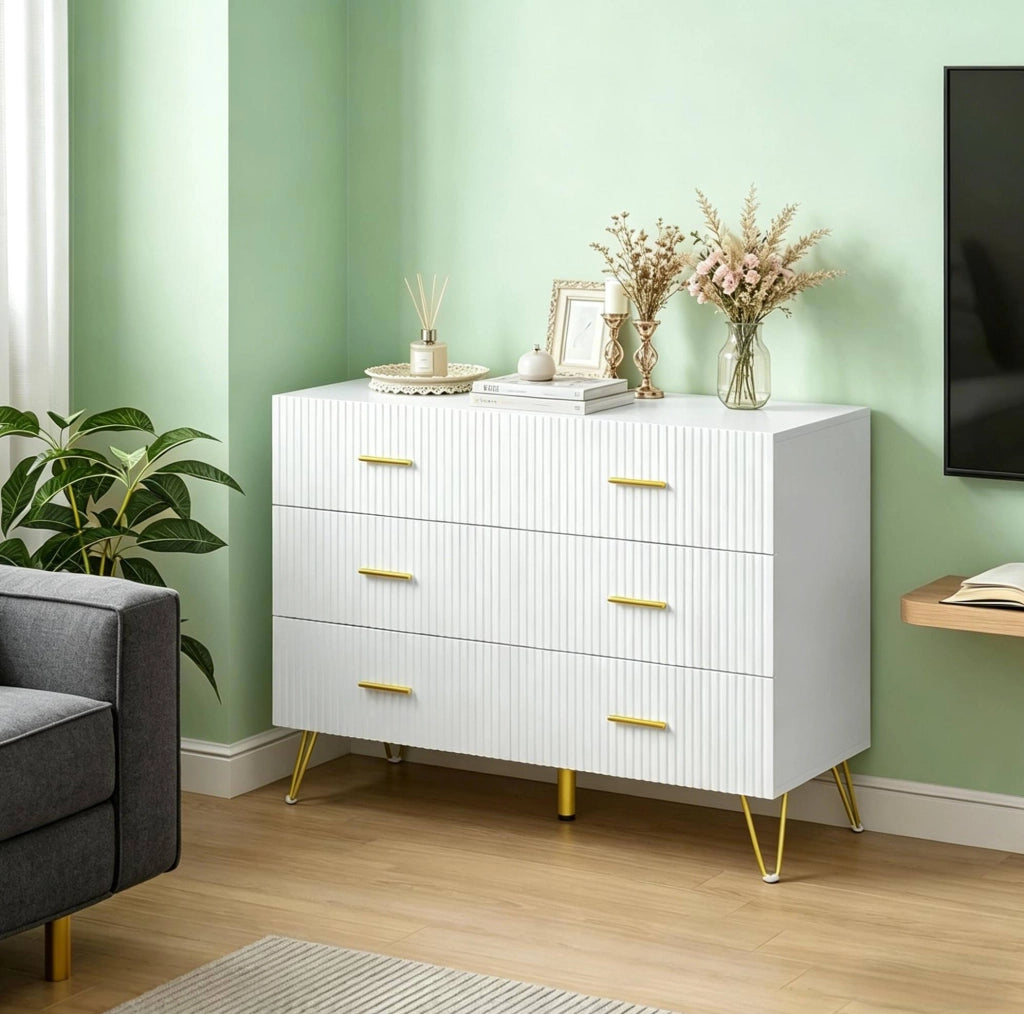 Cassettiera bianca e oro con 6 cassetti 100x40x75 cm