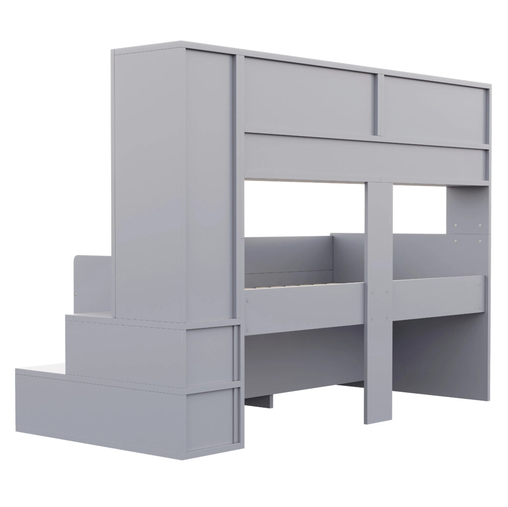 Letto per bambini 90x200 cm con LED, armadi e vani contenitore in grigio