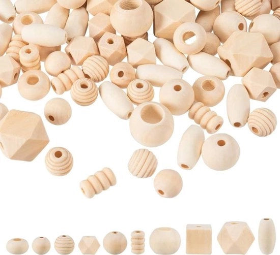 Kralen in legno naturale - Geometrie - 250 g - Cubo e colonna - Spacer - Perline in legno non lavorate - Forma rotonda - Adatto per la creazione di accessori - Colore marrone con foro