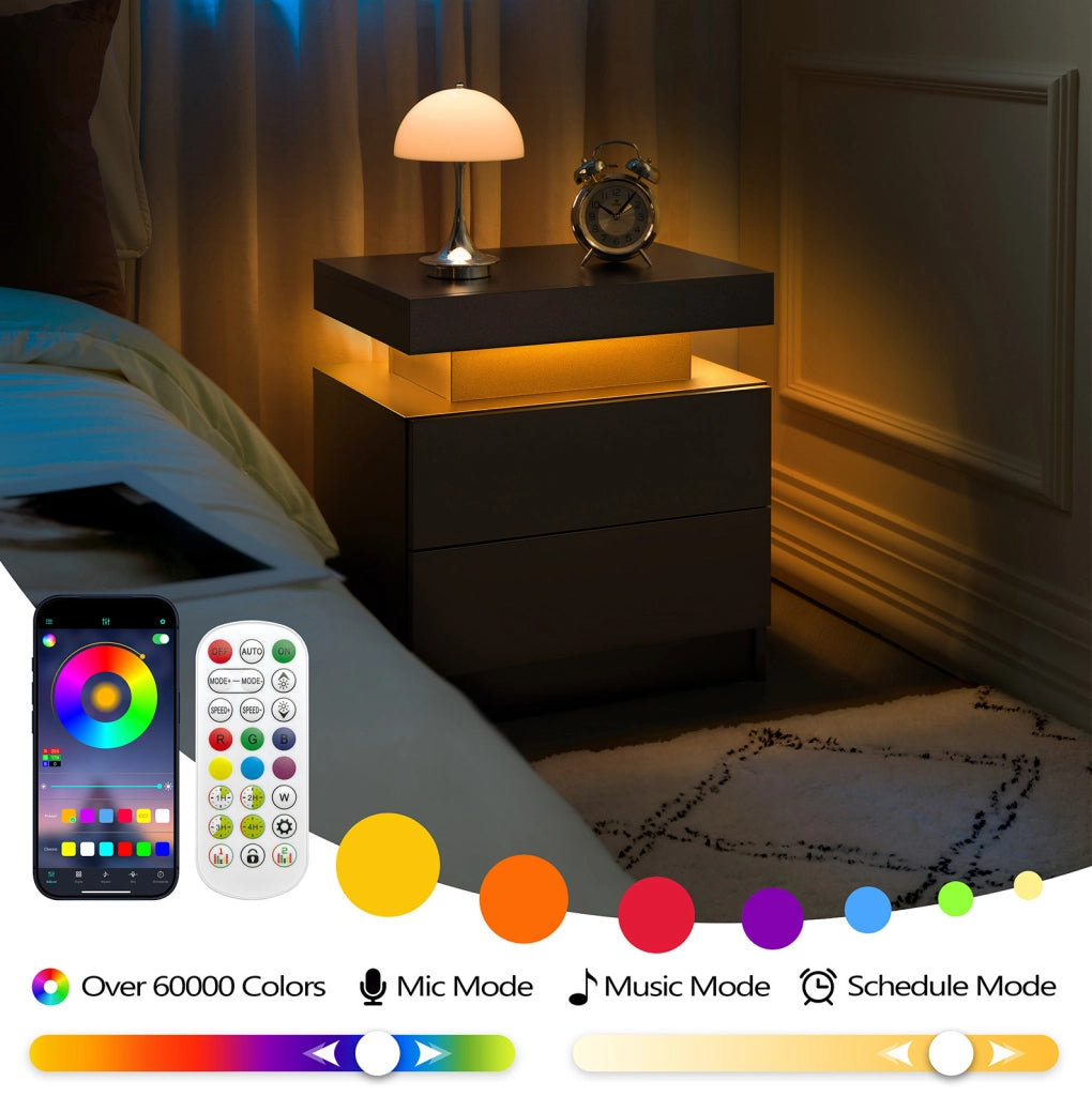 Comodino Moderno con Lampada LED Regolabile e 2 Cassetti, Nero