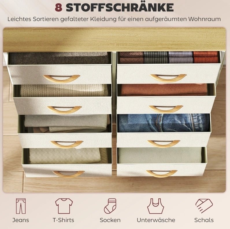 Comò con 8 cassetti in tessuto, struttura in acciaio e 4 tasche laterali beige, 86x30x94,5 cm