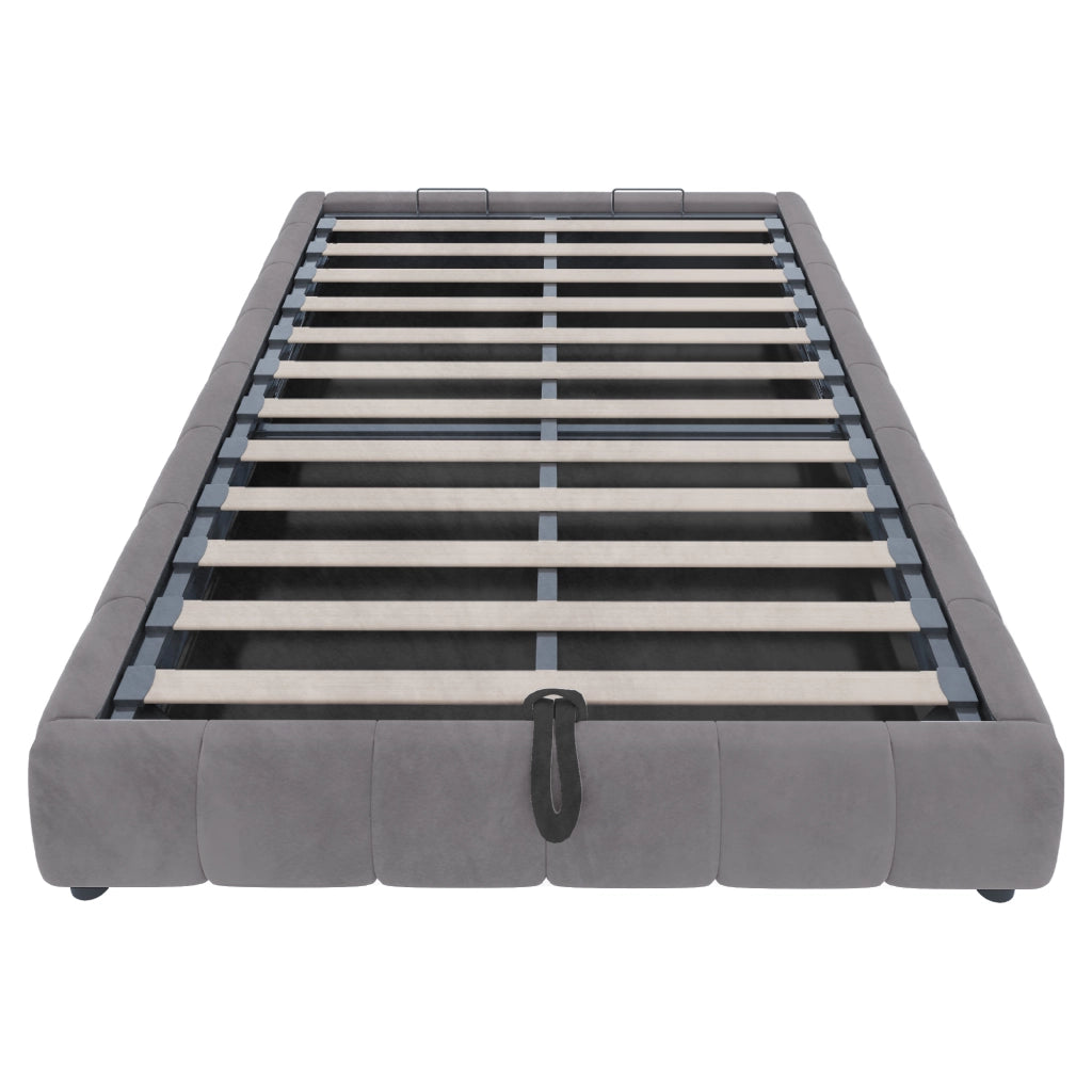 Letto contenitore 140 × 200 cm con sollevamento idraulico LED bianco struttura in velluto grigio