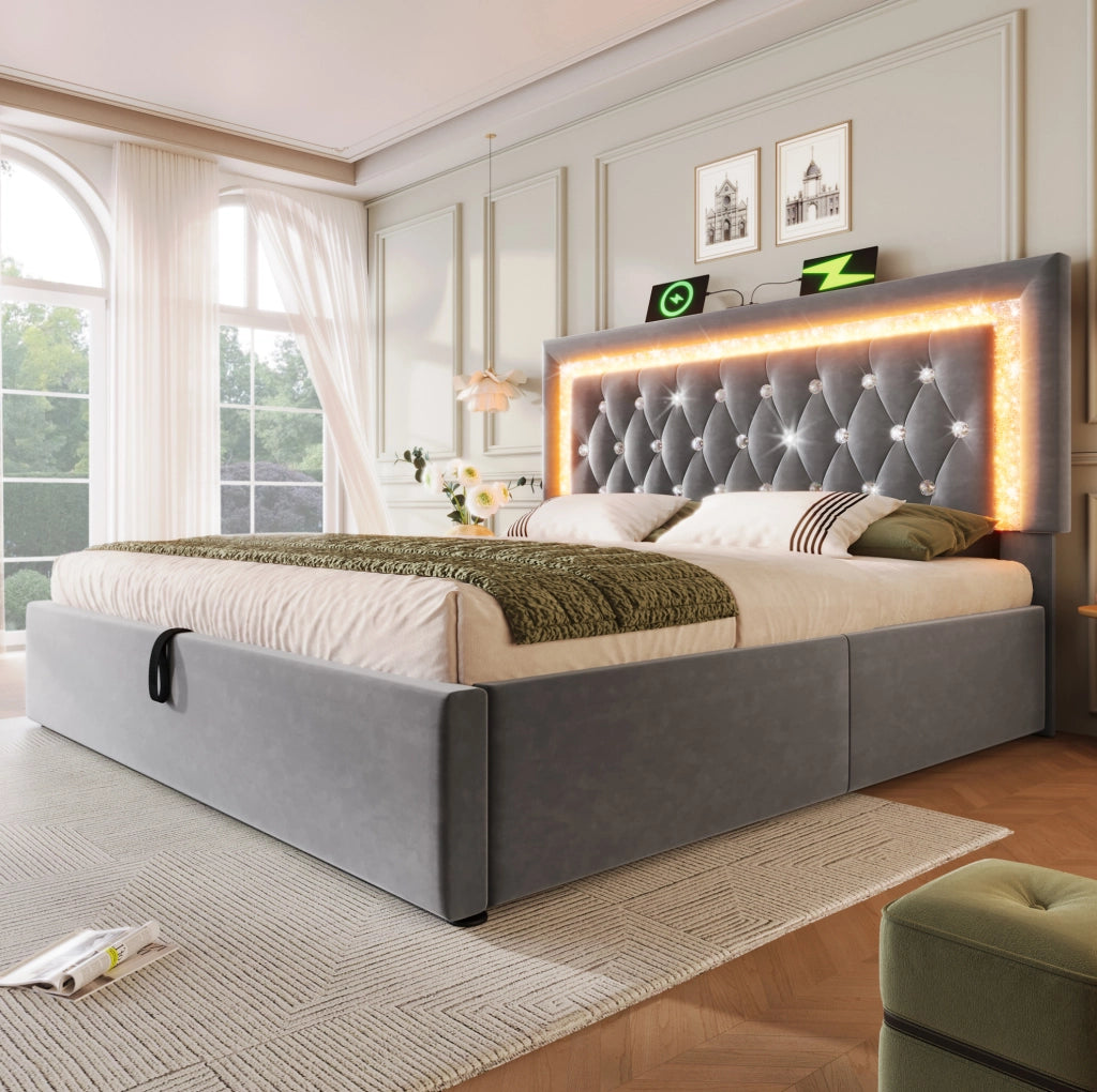 Letto matrimoniale 140x200 cm in velluto grigio con LED e contenitore