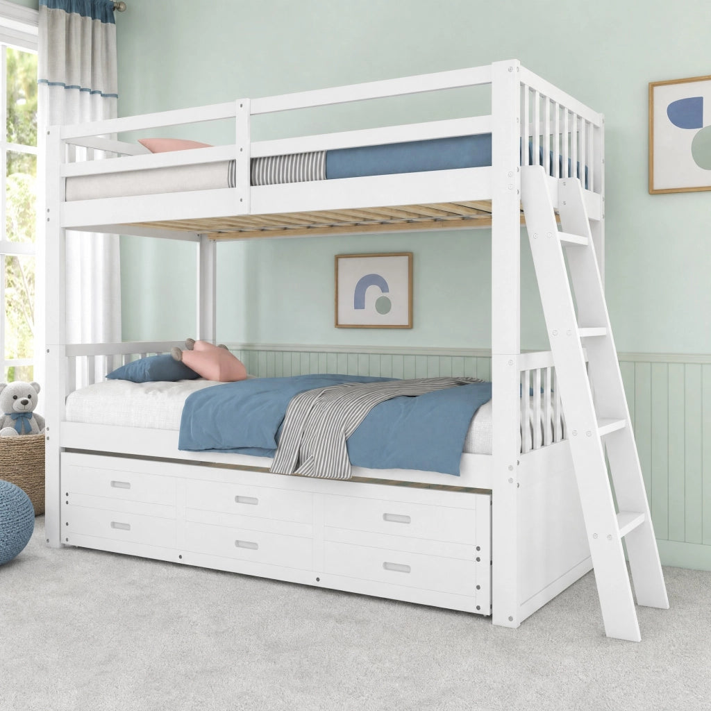 Letto a castello 90 × 200 cm con letto estraibile e 3 cassetti in legno bianco con scala antiscivolo