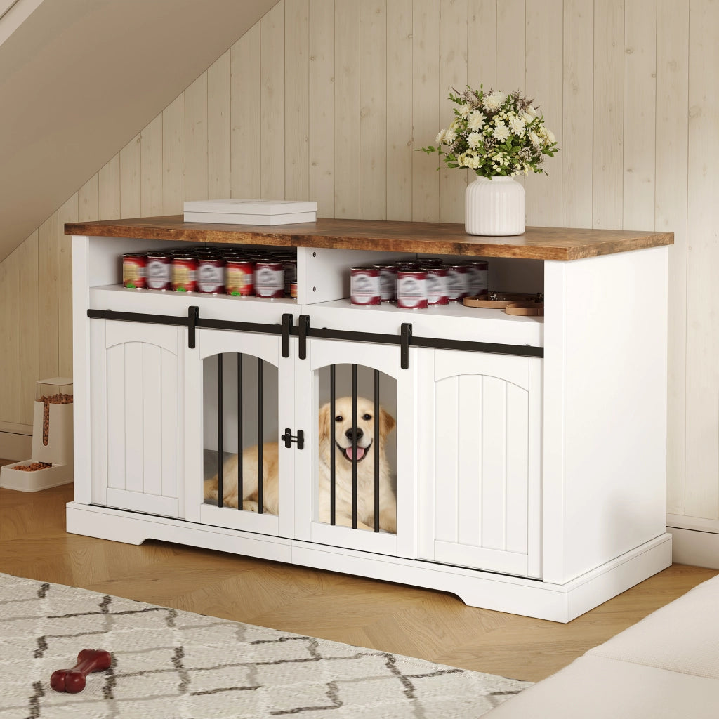 Gabbia per cani - Gabbia a mobile - Cuccia di lusso per cani - Cuccia da interno con tavolino - Con porta scorrevole e serratura di sicurezza - Divisorio centrale rimovibile - Con vano portaoggetti - Robusta e resistente - 153 x 60 x 85 cm - Bianca