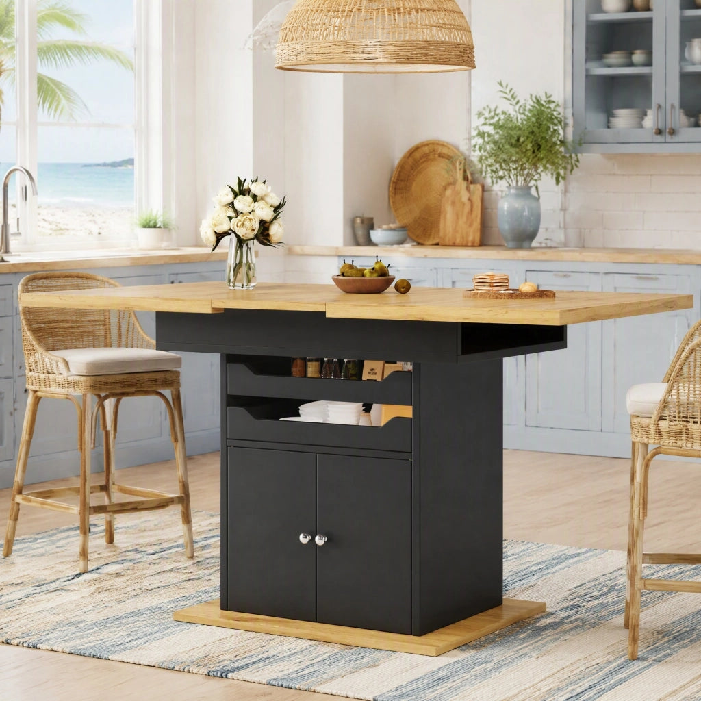 Tavolo allungabile con vani contenitore; ripiani estraibili e chiusura ammortizzata in MDF nero 110-140 × 80 × 76 cm