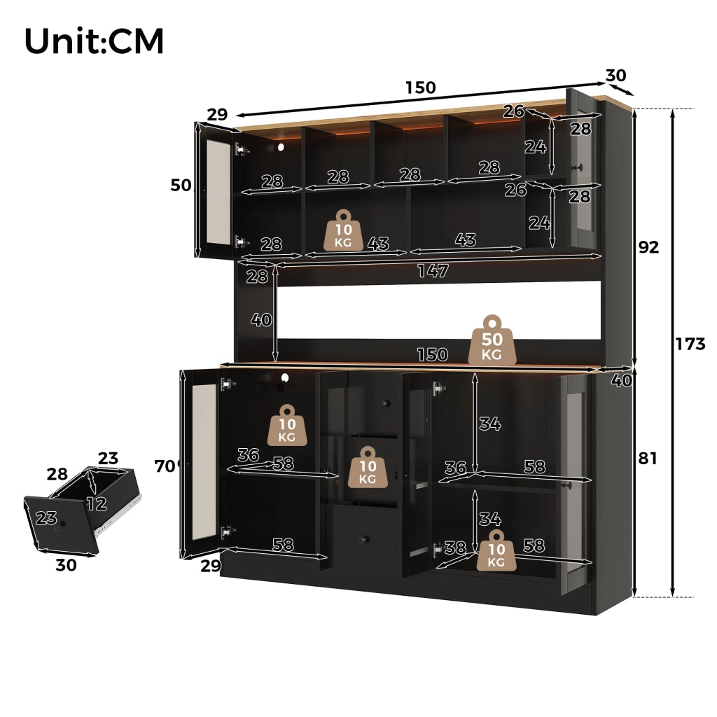 Credenza 6 ante con 3 cassetti e ripiani regolabili con LED RGB prese USB per cucina soggiorno in MDF nero naturale