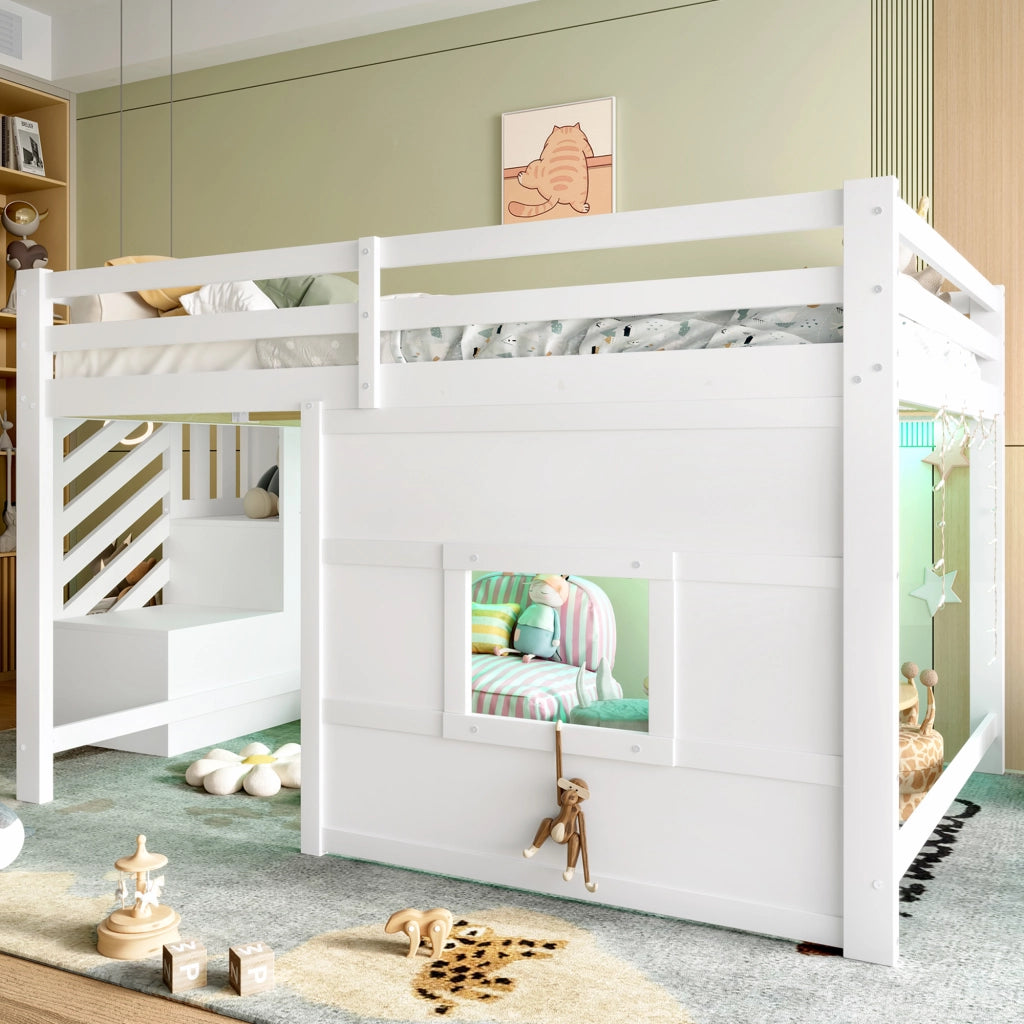 Letto a soppalco 140 x 200 cm con scala contenitore e finestra - Bianco