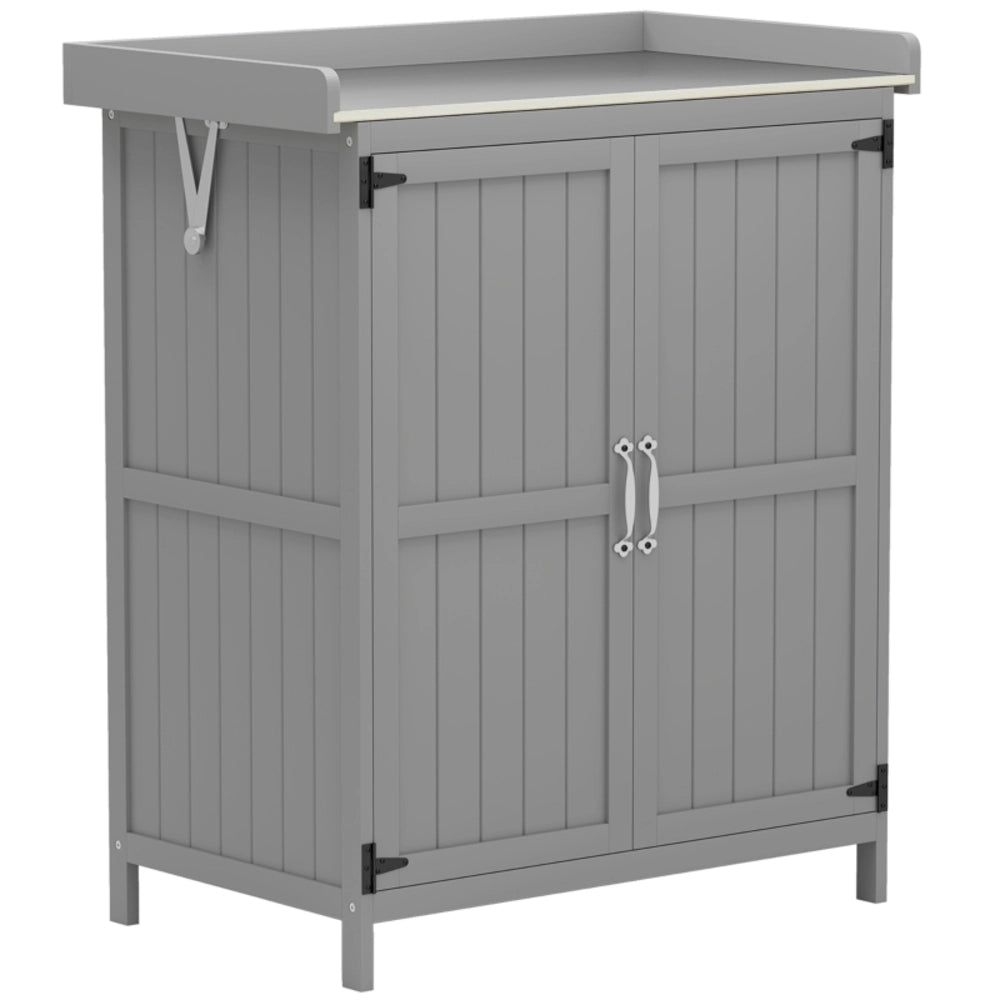 Armadio da giardino in legno e acciaio inox con doppie porte e piano di lavoro, 74x43x88 cm, grigio