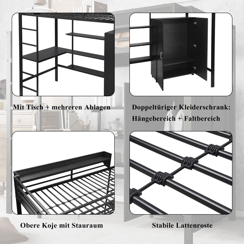 Letto a soppalco 90 × 200 cm con scrivania, armadio a 2 ante e scala a 5 gradini, senza materasso, nero