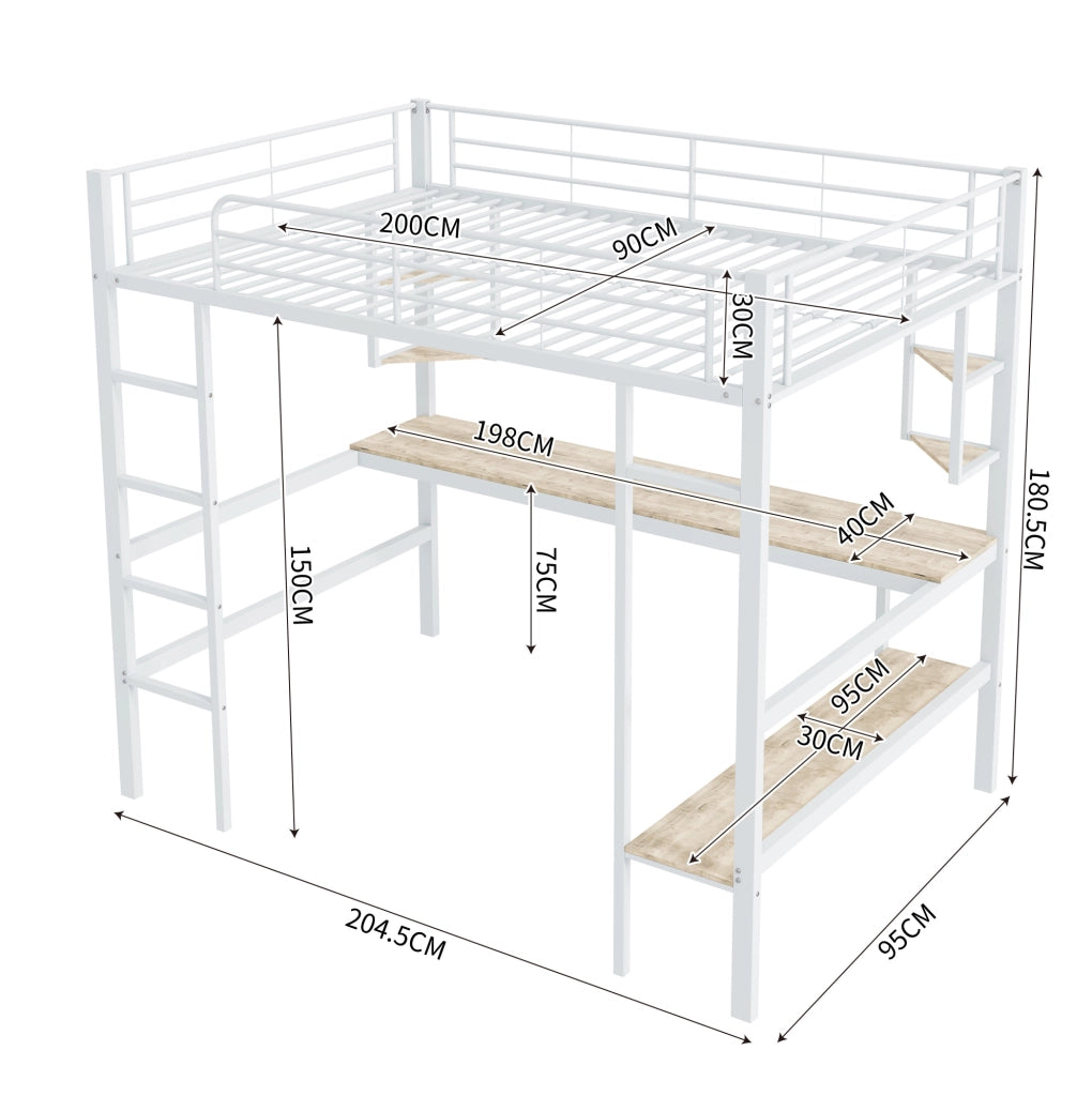 Letto a soppalco 90x200 cm con scrivania e libreria in metallo e MDF; bianco