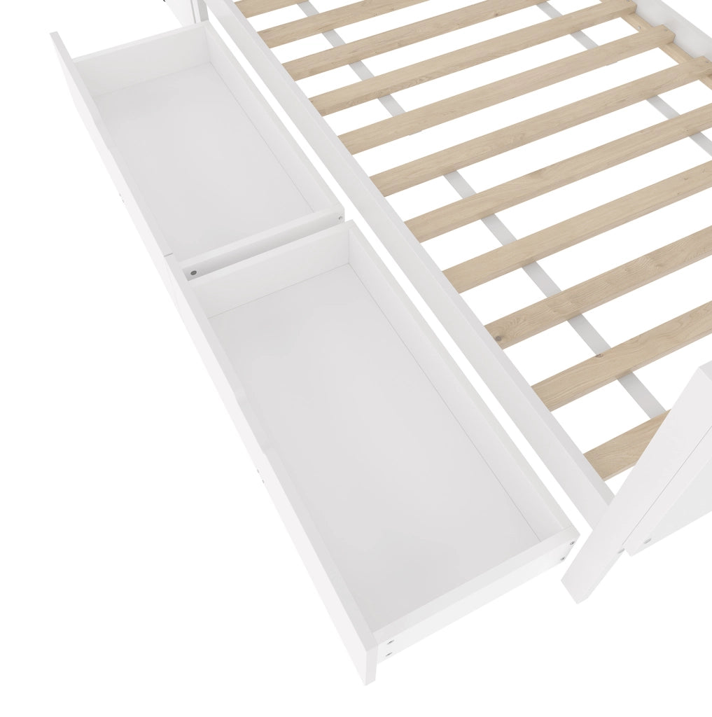 Letto singolo 90x200 cm bianco con scrivania, 2 cassetti e 3 ripiani