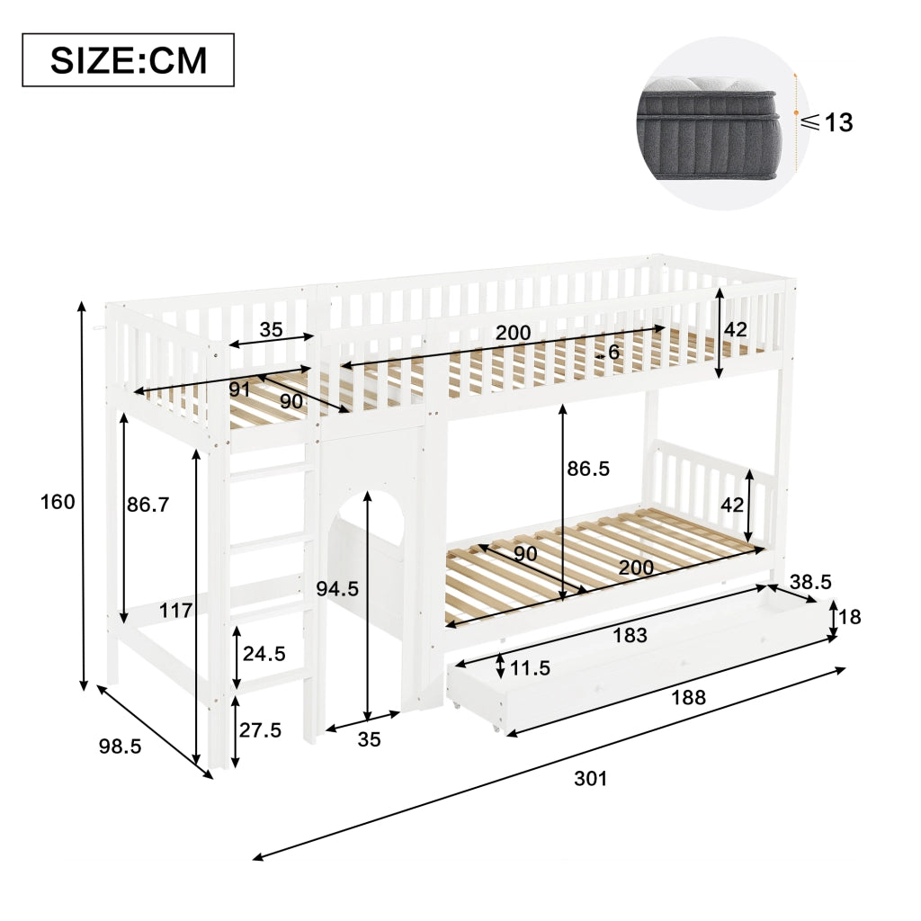 Letto a castello per bambini con scala a quattro gradini e sponde legno bianco e naturale 90 × 200 cm