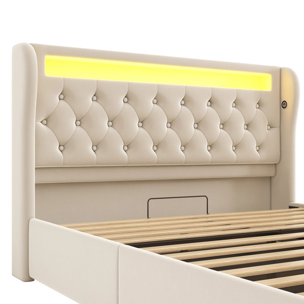 Letto imbottito 140x190 cm con contenitore idraulico, LED e USB-C, velluto beige