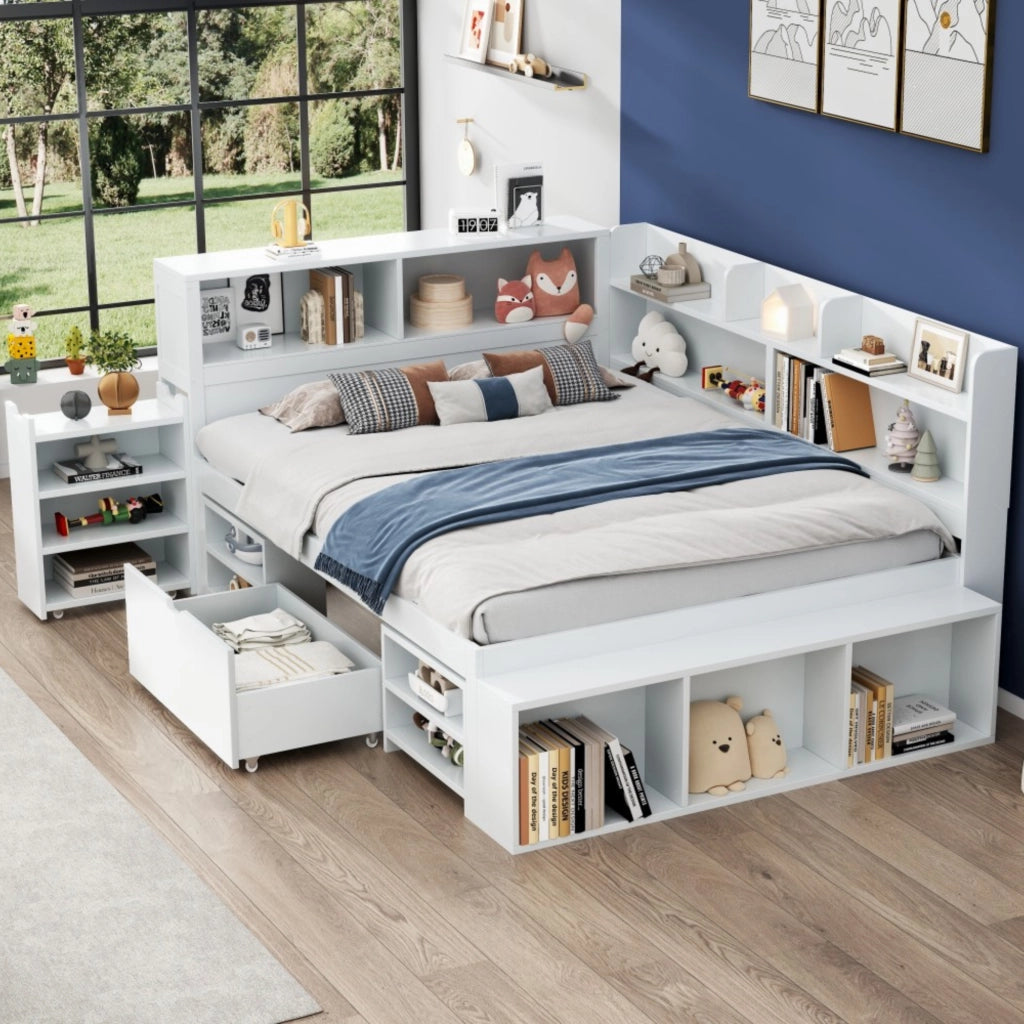 Letto per bambini 140x200 cm multifunzionale con cassetti e vani contenitore in plywood bianco