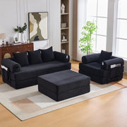 Divano modulare in velluto a coste nero con poltrona e pouf