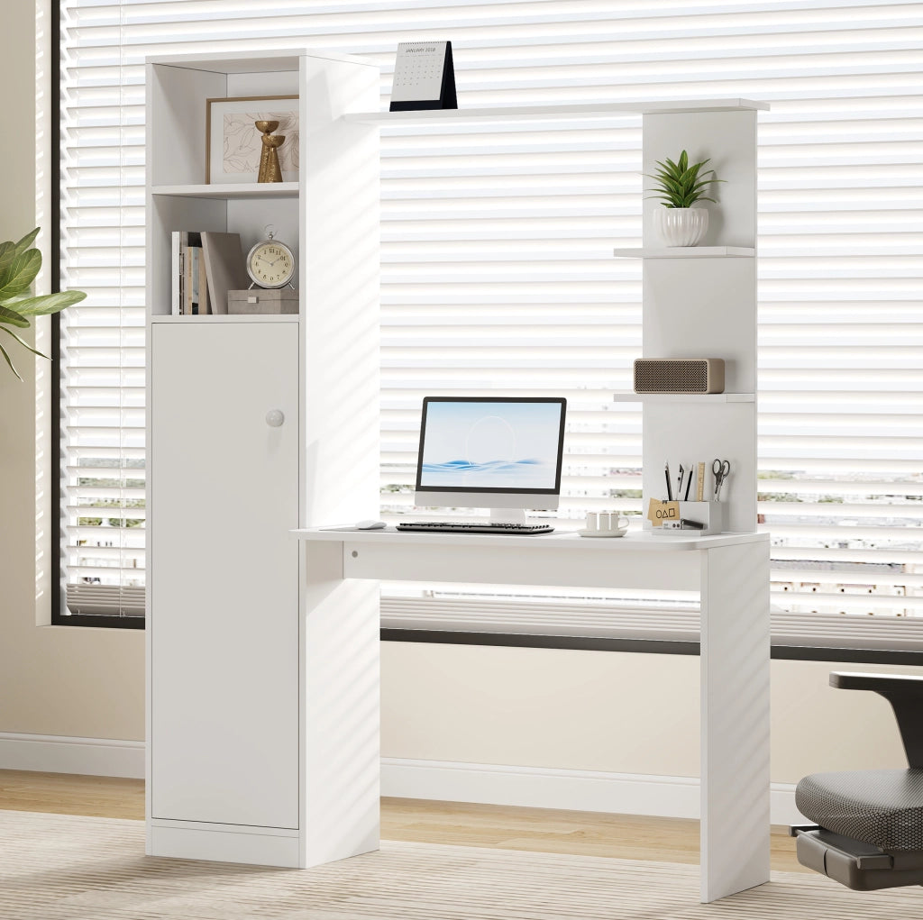 Scrivania multifunzione con armadio e scaffali in MDF bianca