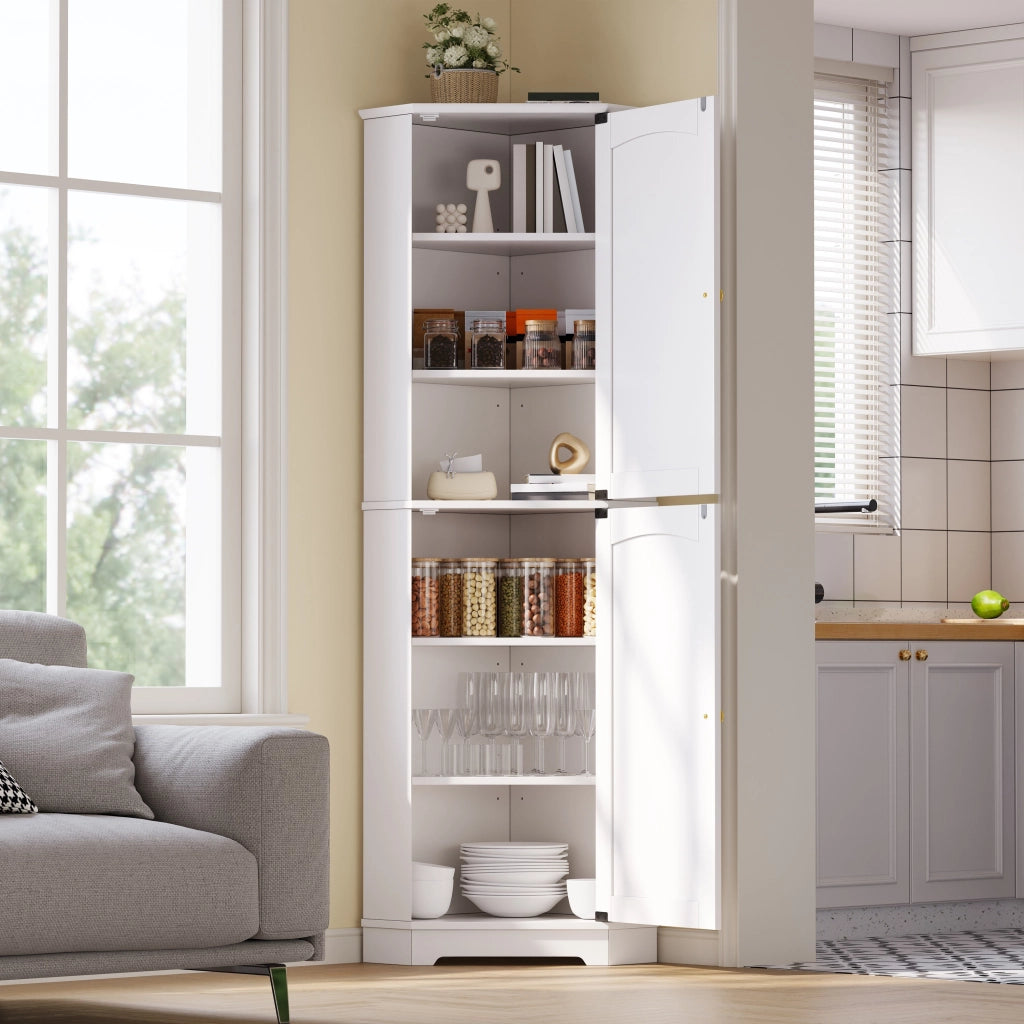 Armadio angolare con ripiani regolabili e 2 ante ad arco in MDF bianco per cucina e soggiorno 42 × 42 × 166 cm