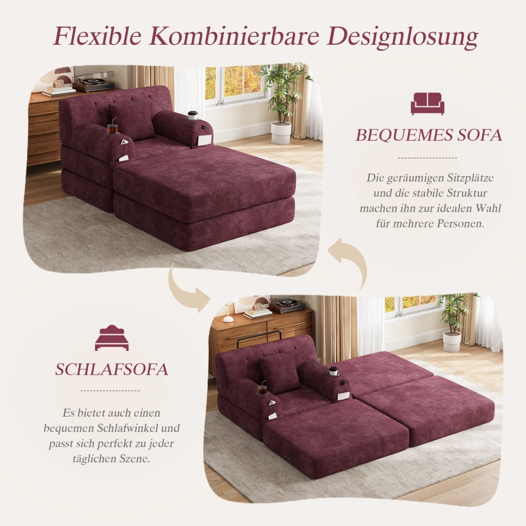 Poltrona da letto convertibile 1 con pouf; schienale alto; portabicchieri 2 e tasche laterali 4; velluto a coste; rosso vino