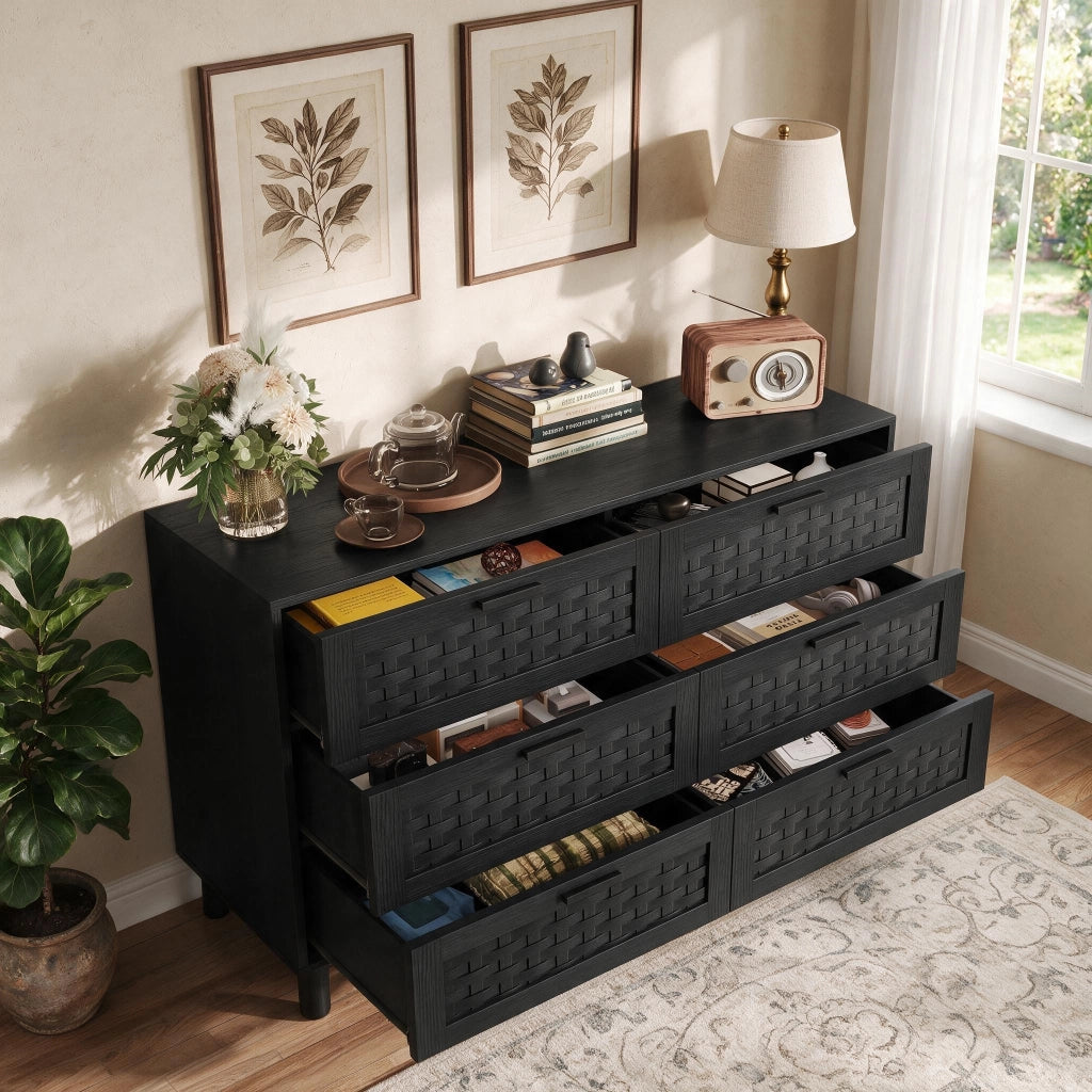 Cassettiera camera da letto 115x40x80 cm 6 cassetti effetto rattan mobile con cassetti in legno per soggiorno ingresso - nero