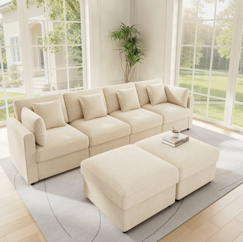 Divano modulare a forma di U/L in tessuto chenille beige con 2 pouf, 4 cuscini decorativi e 2 poggiatesta, braccioli regolabili