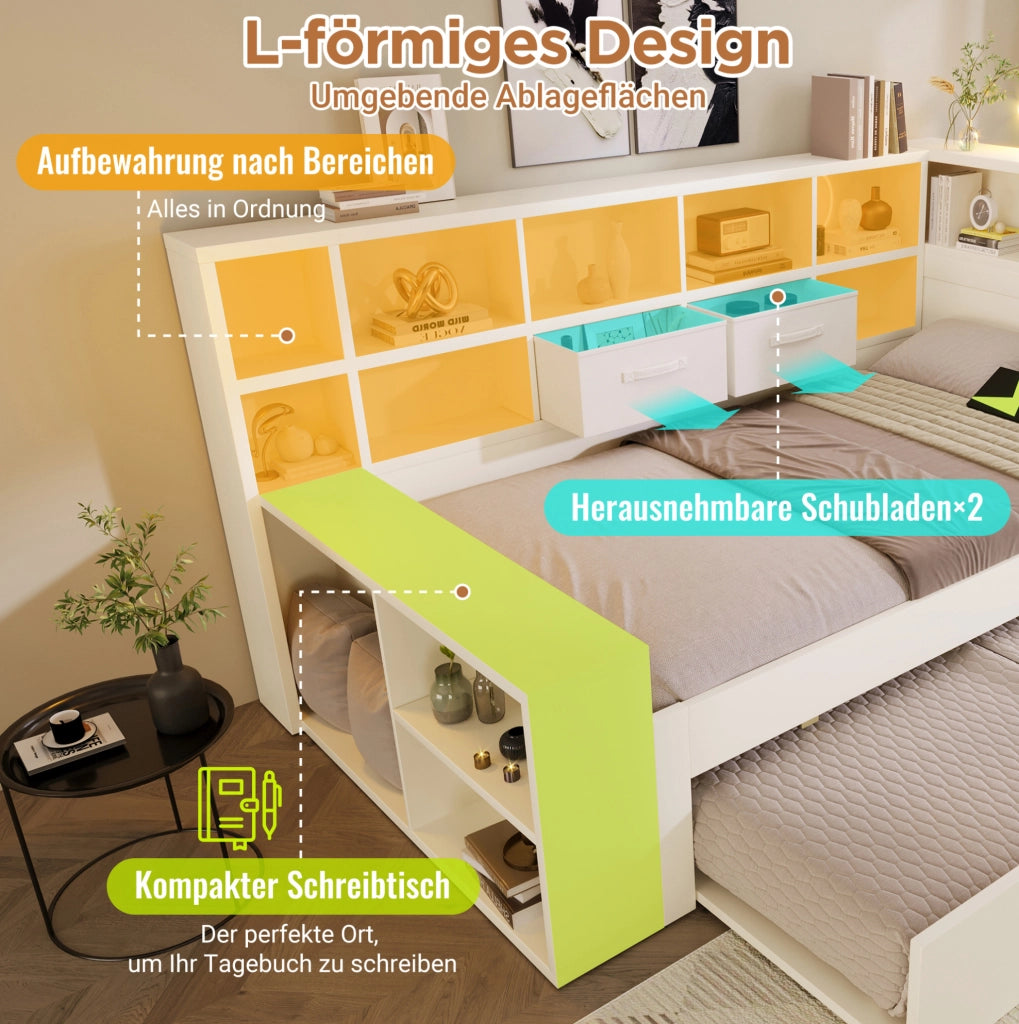 Letto singolo 90x190 cm bianco in legno con letto estraibile; ripiani su tre lati e porte USB/Type-C