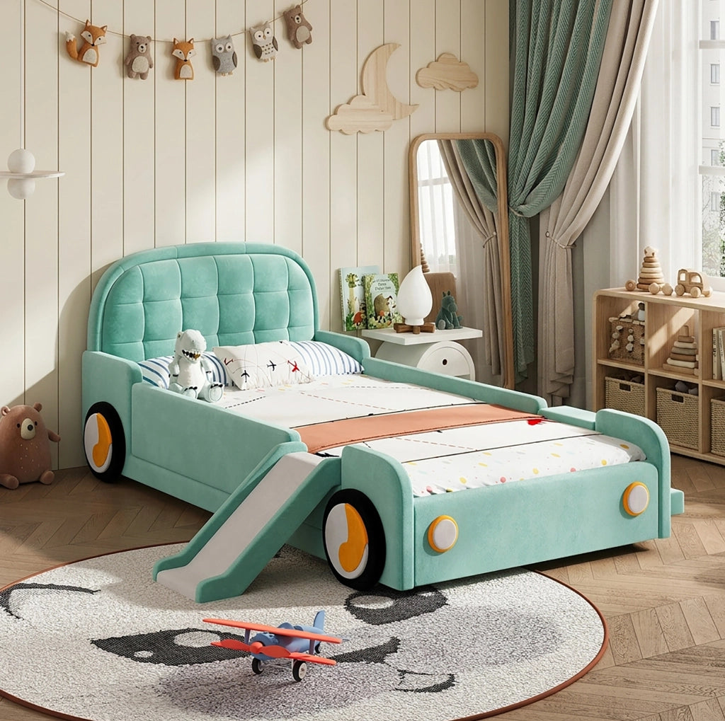 Letto per bambini a forma di auto con scivolo e scala 90x200 cm in velluto blu-verde