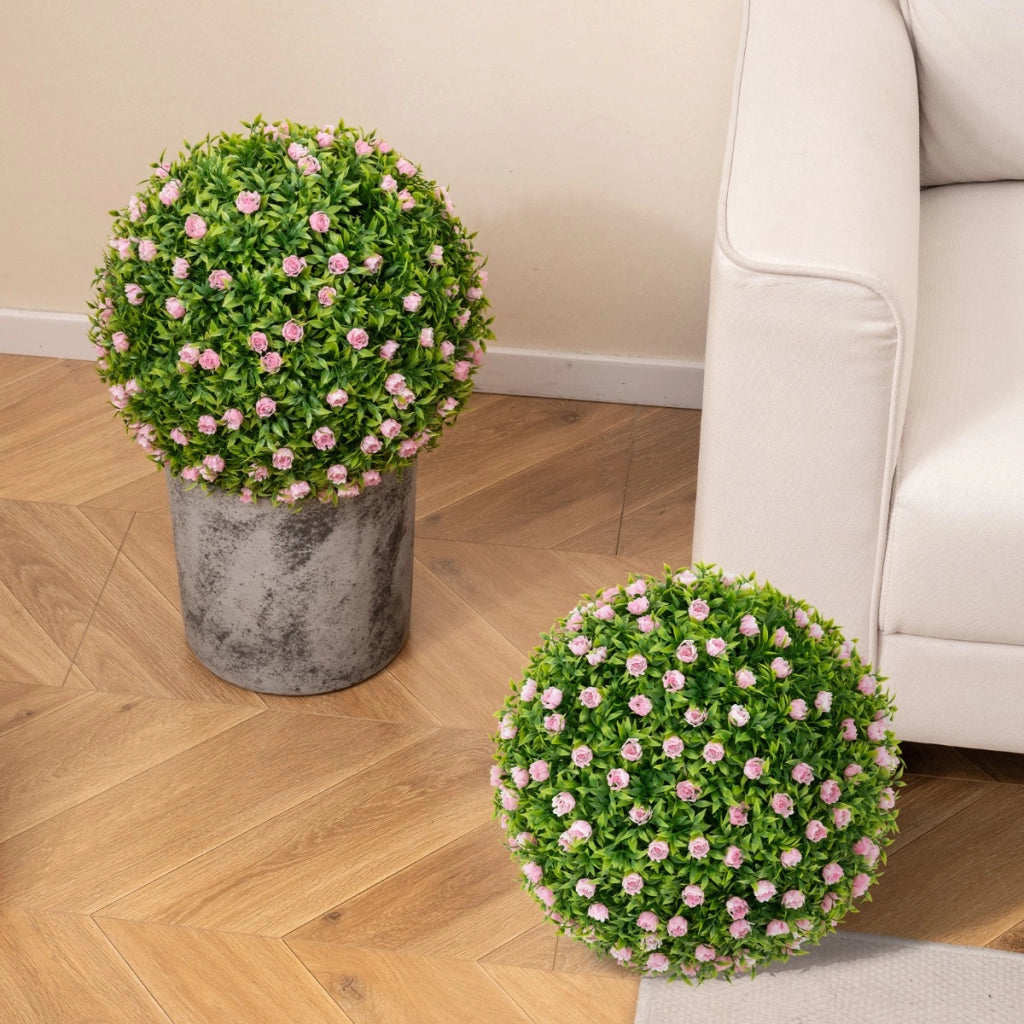Set di 2 pezzi sfere topiarie in piante artificiali, Sfere decorative da 37 cm con fiori rosa per interno e esterno-Piante artificiali