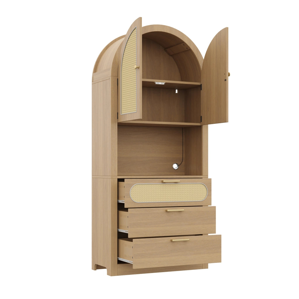 Mobile contenitore con ante in rattan e LED 80x35x180 cm, rovere chiaro