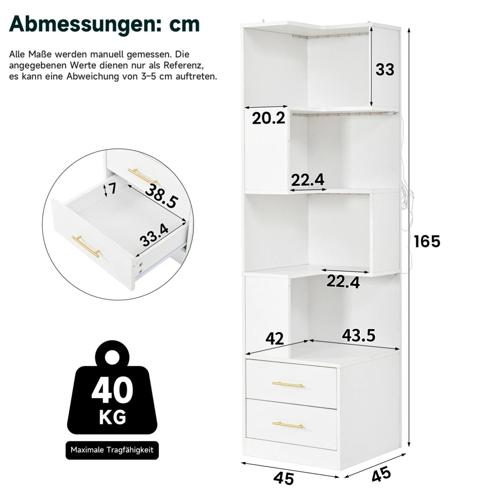 Libreria Angolare Bianca 165 cm con 4 Ripiani, LED Multicolore e 2 Cassetti, Mobile Soggiorno e Camera