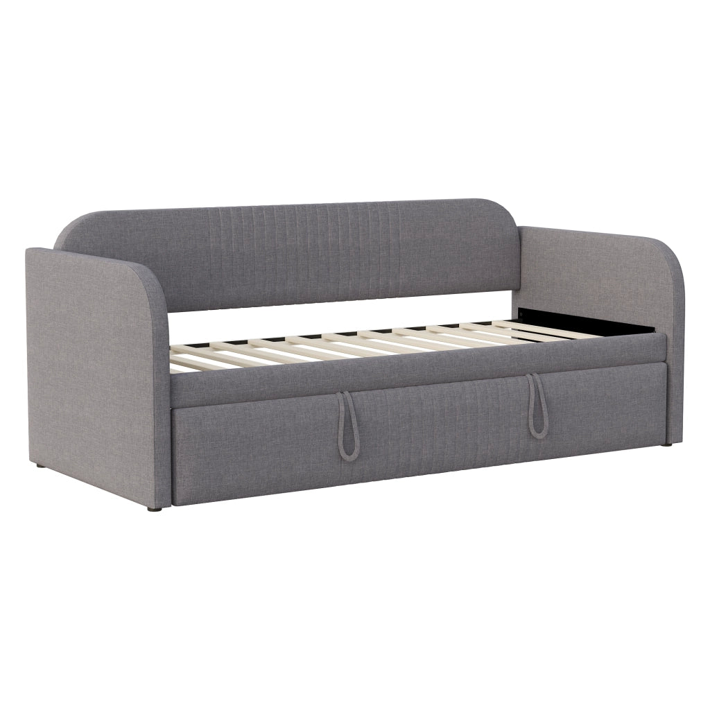 Divano letto imbottito 90x190 cm; letto estraibile 180x190 cm; grigio con rete a doghe