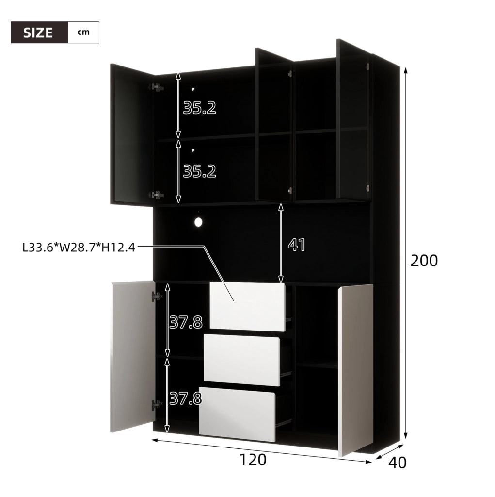 Vetrina con LED multicolore 120x40x200 cm con 3 cassetti e 2 ante in MDF nera