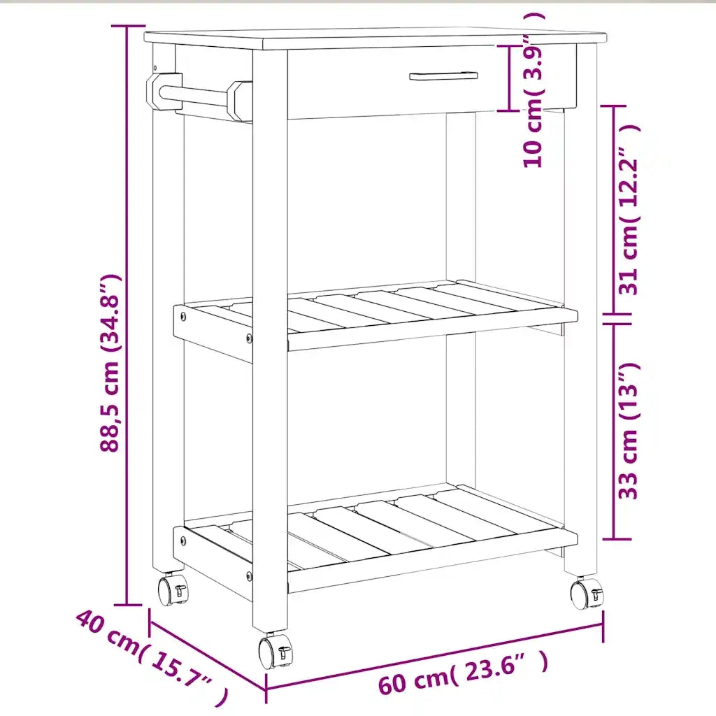 Carrello da Cucina MONZA 60x40x88,5cm in Legno Massello di Pino 376091