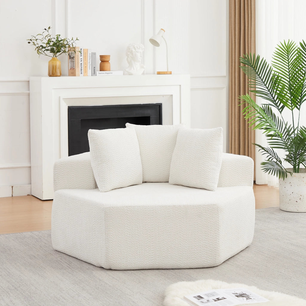 Poltrona pouf modulare esagonale con tre cuscini e base antiscivolo per soggiorno in ciniglia beige