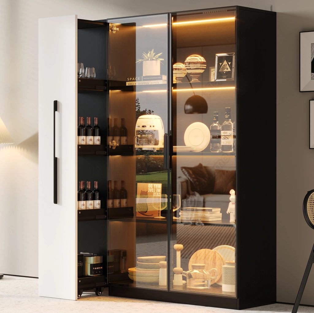 Vetrina LED 110;5x35x160 cm con anta in vetro e vano estraibile in MDF; nera