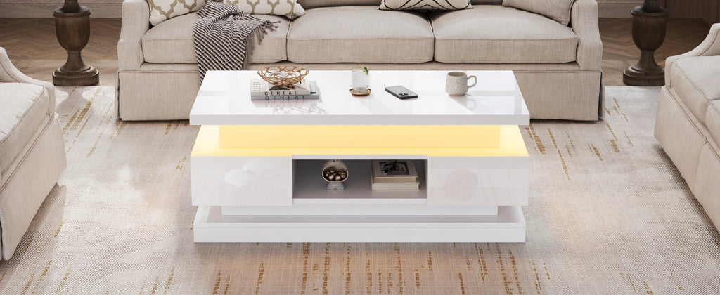 Tavolino da salotto sollevabile bianco lucido con cassetti e LED