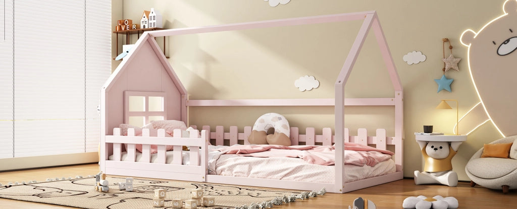 Letto per bambini 90x200 cm in pino e MDF, design a casetta, colore rosa