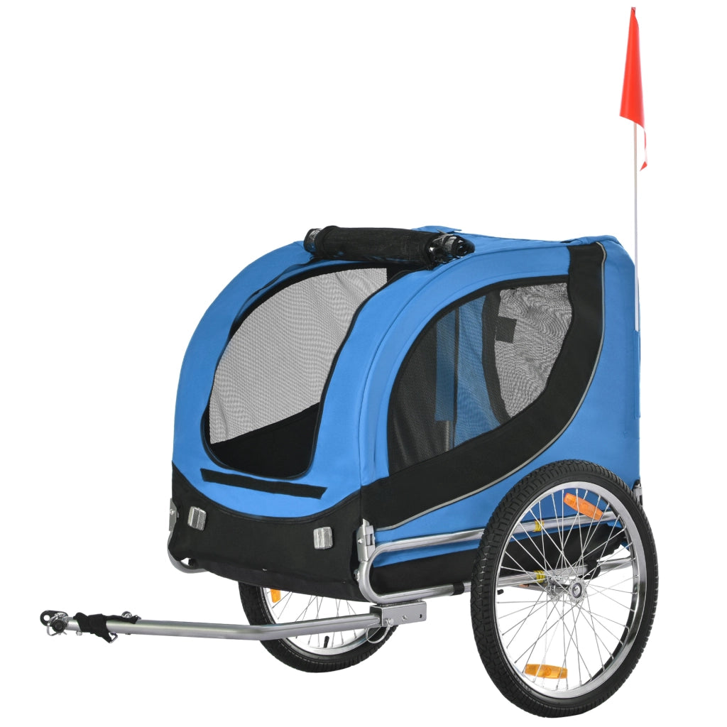 Rimorchio Bici per Cani Taglia Media con Punto di Attacco,Finestre Laterali e Bandierina,Rimorchio per Bici in Acciaio e Tessuto Oxford,130x73x90cm,Blu e Nero