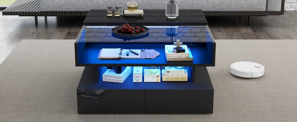 Tavolino da salotto sollevabile quadrato 80x80 cm nero con LED
