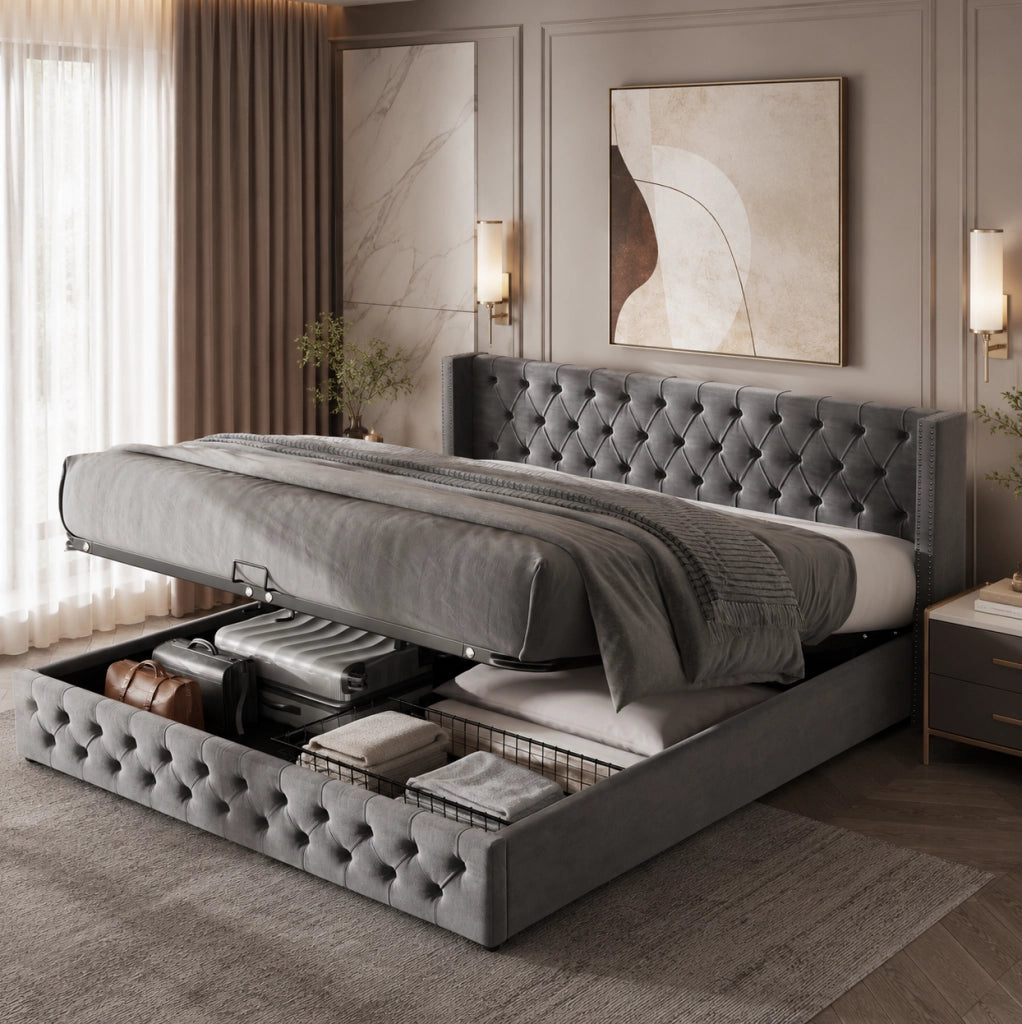 Letto matrimoniale 160x200 cm con contenitore idraulico in velluto; grigio