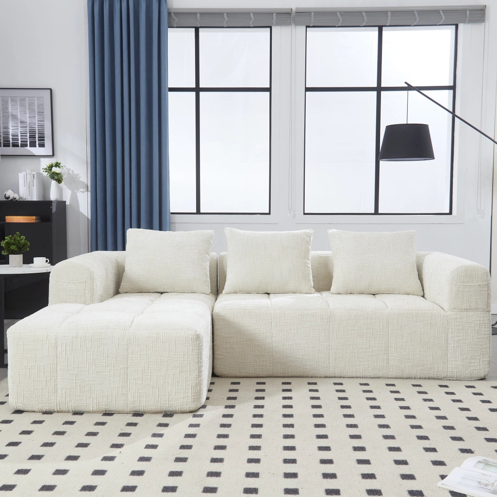 Divano 3 posti con penisola in ciniglia beige; 250 cm; senza montaggio; con tasche laterali e 3 cuscini