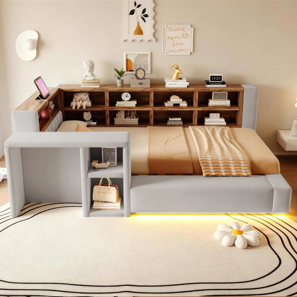 Letto Imbottito 90x200 cm con Testiera Imbottita e Vani Portaoggetti, Grigio Chiaro