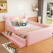 Letto Bambino Imbottito 140x200 cm LEMONMAX con Testiera Orsetto, Contenitore Nascosto, LED e USB, Barriere, Similpelle Rosa, 12 Doghe