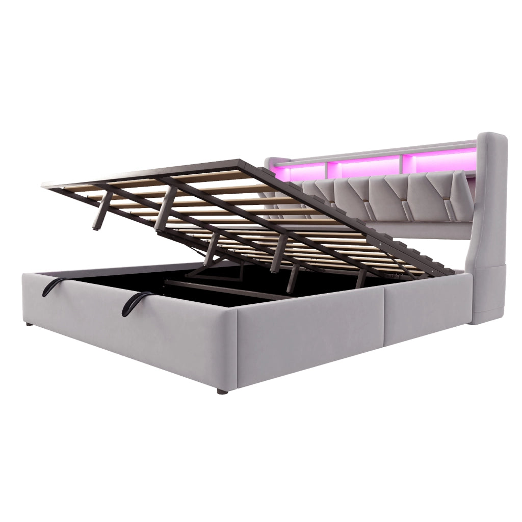 Letto contenitore 180 × 200 cm imbottito con testiera LED prese USB e Type-C in velluto grigio chiaro